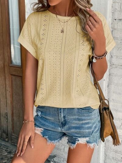 Load image into Gallery viewer, Eyelet Round Neck Short Sleeve T-Shirt
