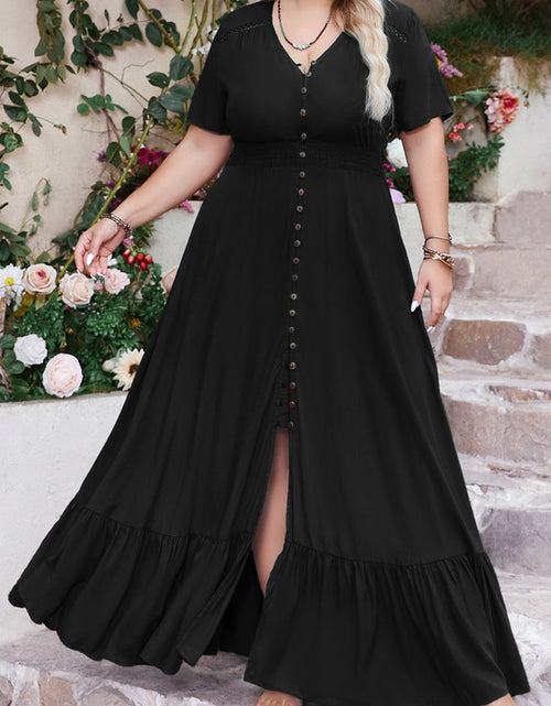 Load image into Gallery viewer, Plus Size Ruffled Hem Button Down V-Neck Short Sleeve Maxi Dress
