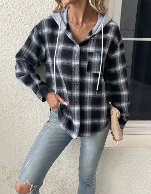 Load image into Gallery viewer, Plaid Drawstring Button Up Hooded Jacket
