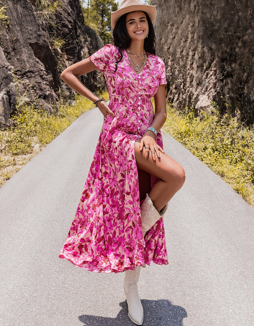 Load image into Gallery viewer, Floral V-Neck Slit Dress
