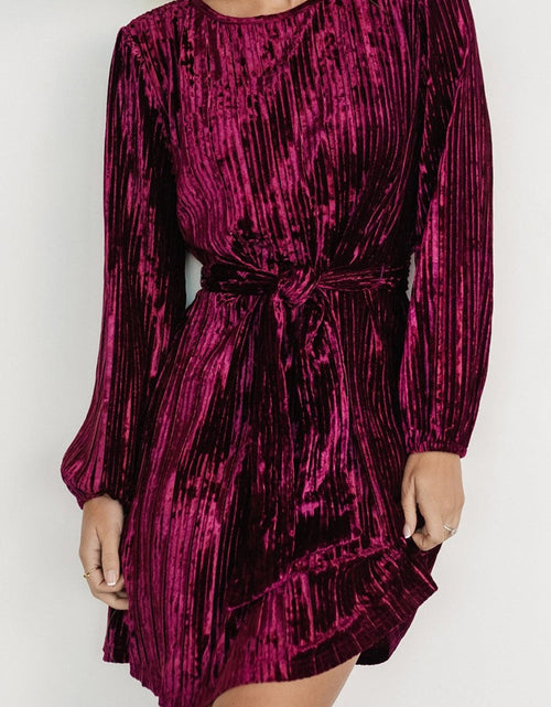 Load image into Gallery viewer, Velvet Round Neck Tie Waist Long Sleeve Mini Dress
