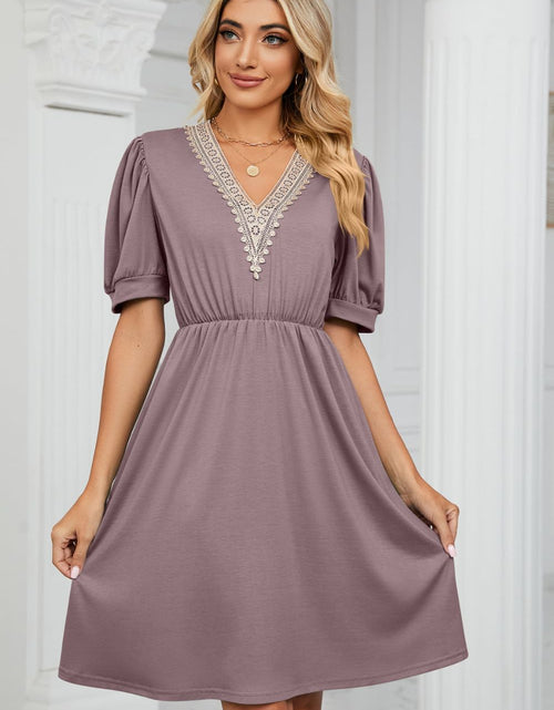 Load image into Gallery viewer, Contrast V-Neck Puff Sleeve Pocket Dress
