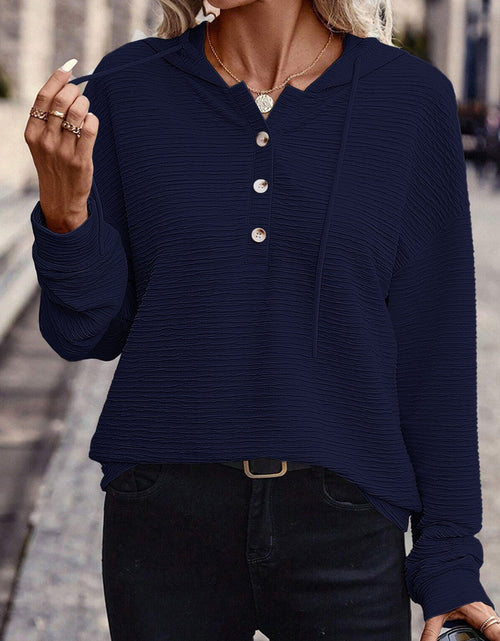 Load image into Gallery viewer, Drawstring Quarter Button Long Sleeve Hoodie
