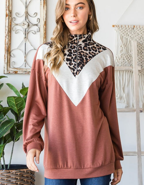 Load image into Gallery viewer, Heimish Full Size Leopard Quarter Zip Mock Neck Sweatshirt
