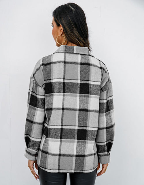 Load image into Gallery viewer, Shiny Plaid Button Up Collared Neck Jacket
