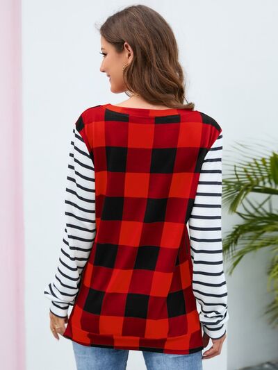 Load image into Gallery viewer, Plaid Striped Round Neck Long Sleeve T-Shirt
