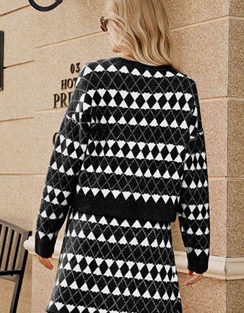 Load image into Gallery viewer, Geometric Dropped Shoulder Cardigan and Knit Skirt Set
