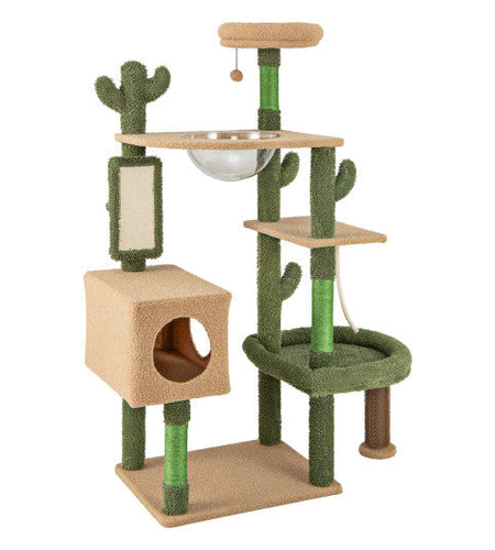 59 Inch Multilevel Cactus Cat Tree with Scratching Posts Cando Toy and Rope-Green