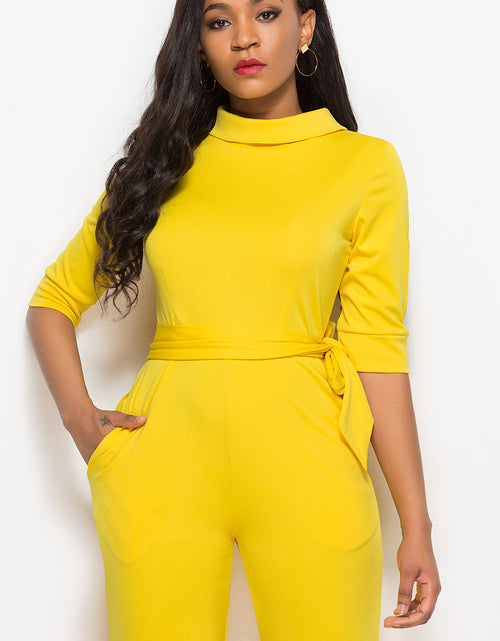 Load image into Gallery viewer, Mock Neck Tie-Waist Half Sleeve Jumpsuit
