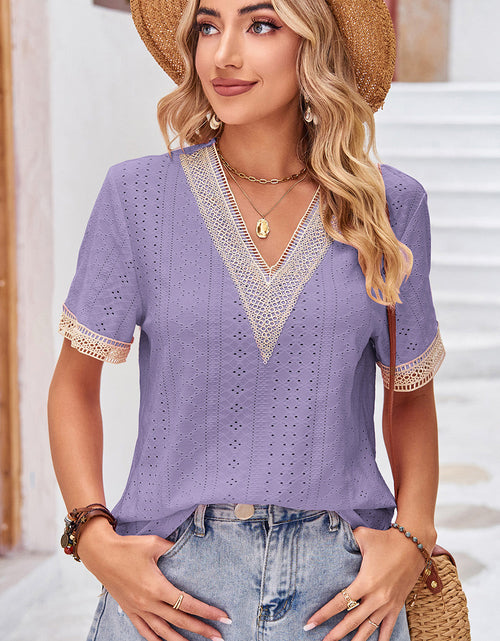 Load image into Gallery viewer, Eyelet V-Neck Short Sleeve T-Shirt
