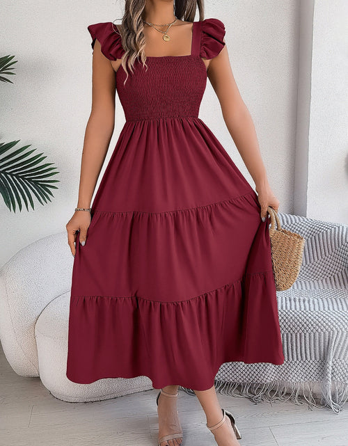 Load image into Gallery viewer, Smocked Square Neck Cap Sleeve Midi Dress
