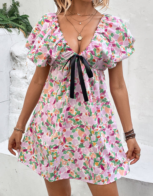 Load image into Gallery viewer, Perfee Printed V-Neck Puff Sleeve Mini Dress
