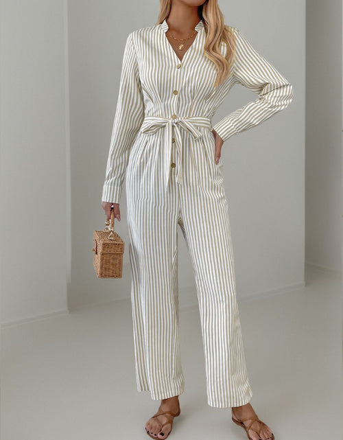 Load image into Gallery viewer, Striped Notched Long Sleeve Tie Waist Jumpsuit
