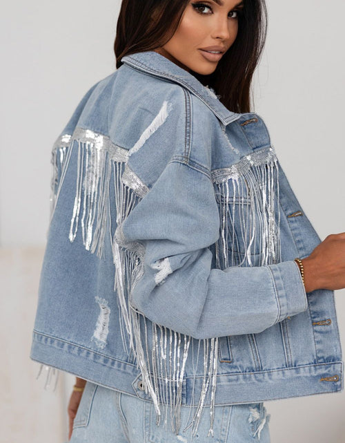 Load image into Gallery viewer, Sequin Fringe Trim Distressed Button Up Denim Jacket
