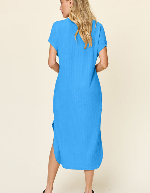Load image into Gallery viewer, Double Take Full Size Round Neck Short Sleeve Slit Dress
