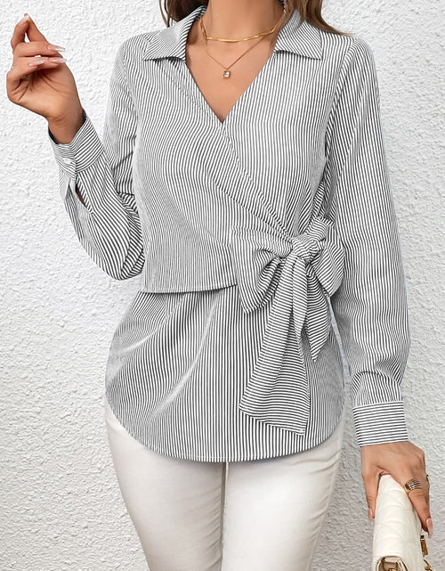 Load image into Gallery viewer, Ivy Lane Bow Tie Waist Johnny Collar Neck Striped Blouse
