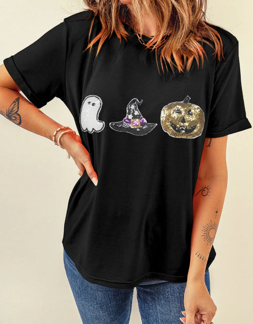 Load image into Gallery viewer, Sequin Round Neck Short Sleeve T-Shirt
