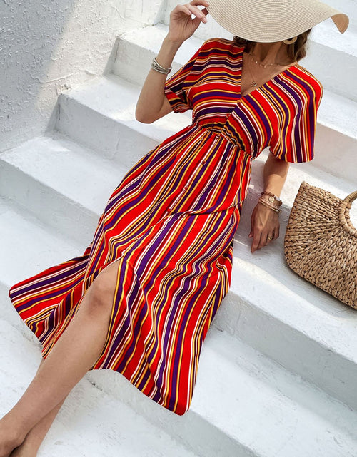 Load image into Gallery viewer, Perfee Slit Striped V-Neck Short Sleeve Midi Dress
