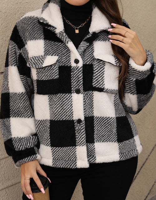 Load image into Gallery viewer, Plus Size Pocketed Plaid Collared Neck Jacket
