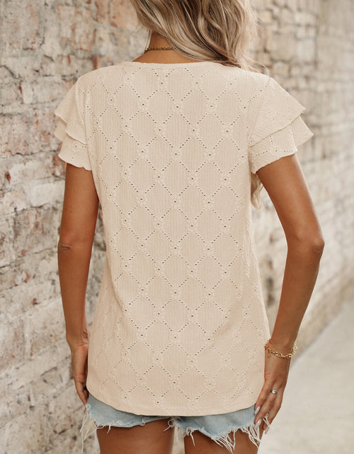 Load image into Gallery viewer, Eyelet Round Neck Double Layered Ruffled Short Sleeve Top
