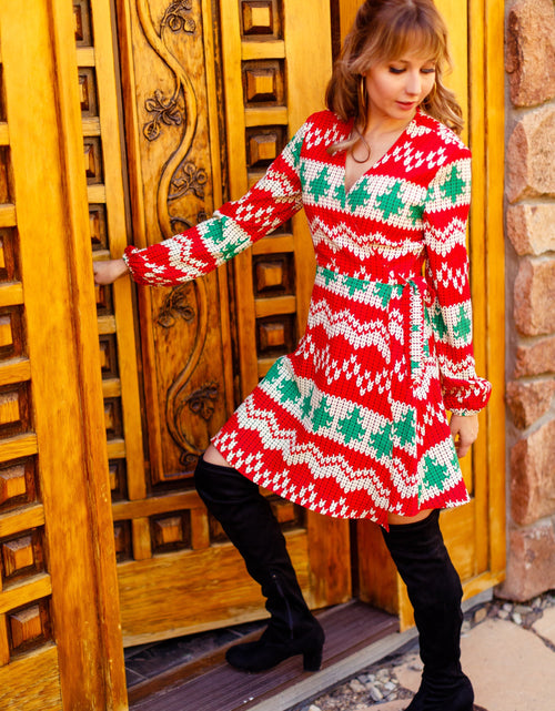 Load image into Gallery viewer, The Red Ryder | Knit Print Christmas Wrap Dress by Shinesty
