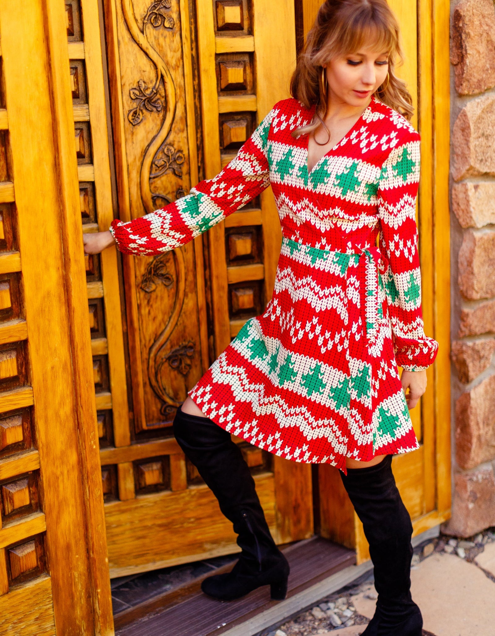 The Red Ryder | Knit Print Christmas Wrap Dress by Shinesty