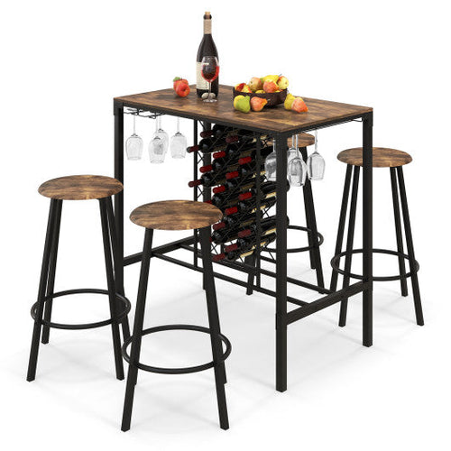 Load image into Gallery viewer, 5 Pieces Bar Table and Stools Set with Wine Rack and Glass Holder-Rustic Brown
