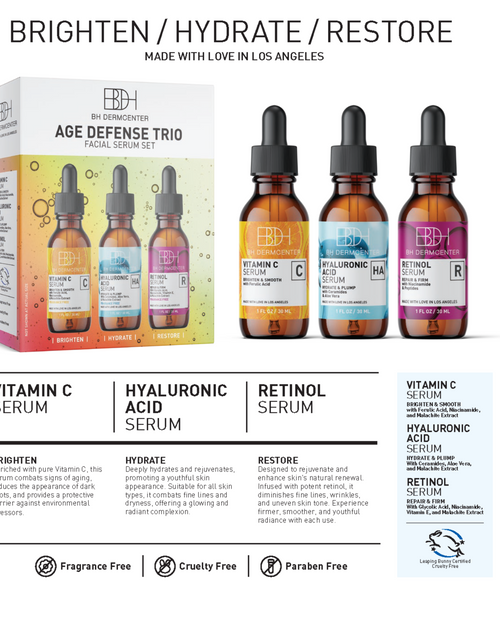 Load image into Gallery viewer, BH Dermcenter Age Defense Trio Anti-Aging Serum Set for Face and Eyes - Vitamin C, Retinol, Hyaluronic Acid Face Serum for Men and Women - 30ml Each - Paraben Free, Cruelty Free by  Los Angeles Brands

