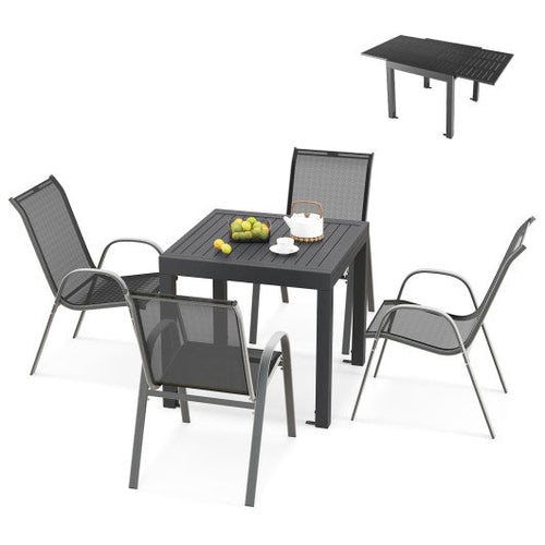 Load image into Gallery viewer, Outdoor Dining Table Set with Extendable Aluminum Table and 4 Stackable Chairs
