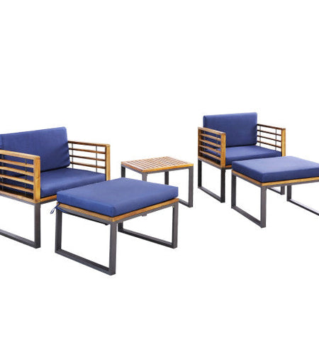 5 Piece Patio Acacia Wood Chair Set with Ottomans and Coffee Table-Navy