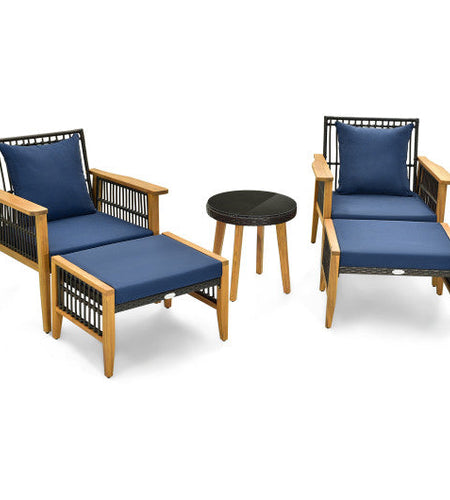 5 Piece Patio Furniture Set with Coffee Table and 2 Ottomans-Navy