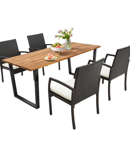 5 Pieces Patio Rattan Dining Set with Umbrella Hole and Seat Cushions