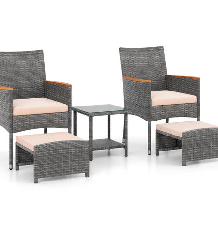 5 Pieces Patio Conversation Set with Soft Cushions and Ottomans-Beige