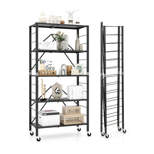 Load image into Gallery viewer, 5-Tier Foldable Storage Shelf with Wheels-Black
