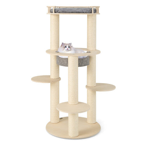 Load image into Gallery viewer, 5-level Wooden Cat Tree with Padded Perch Non-woven Hammock-Gray
