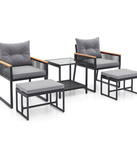 5 Piece Outdoor Rattan Conversation Set with 2-Layer Side Table and 2 Ottomans-Gray
