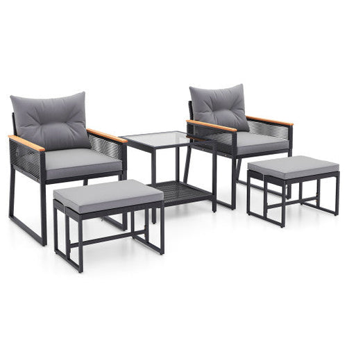 Load image into Gallery viewer, 5 Piece Outdoor Rattan Conversation Set with 2-Layer Side Table and 2 Ottomans-Gray
