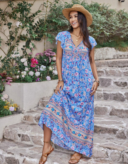Load image into Gallery viewer, Ruffled Printed Tie Neck Cap Sleeve Dress
