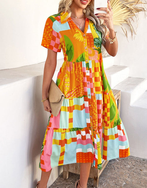 Load image into Gallery viewer, Devine Printed Johnny Collar Button Down Short Sleeve Midi Shirt Dress
