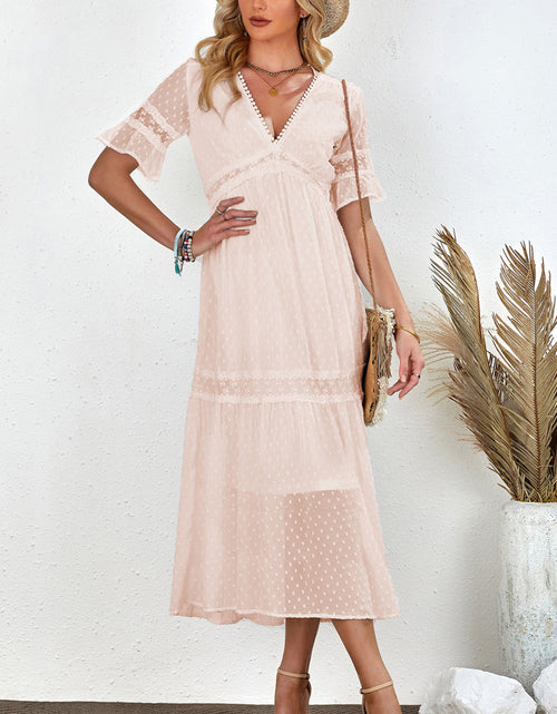 Load image into Gallery viewer, Swiss Dot V-Neck Short Sleeve Midi Dress
