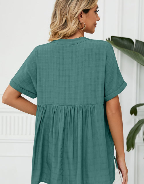 Load image into Gallery viewer, Side Slit Notched Neck Cuffed Short Sleeve Blouse
