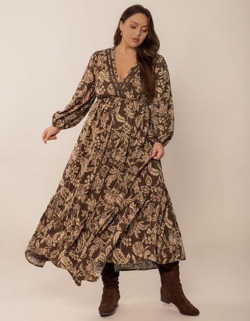 Load image into Gallery viewer, Plus Size Printed V-Neck Balloon Sleeve Maxi Dress
