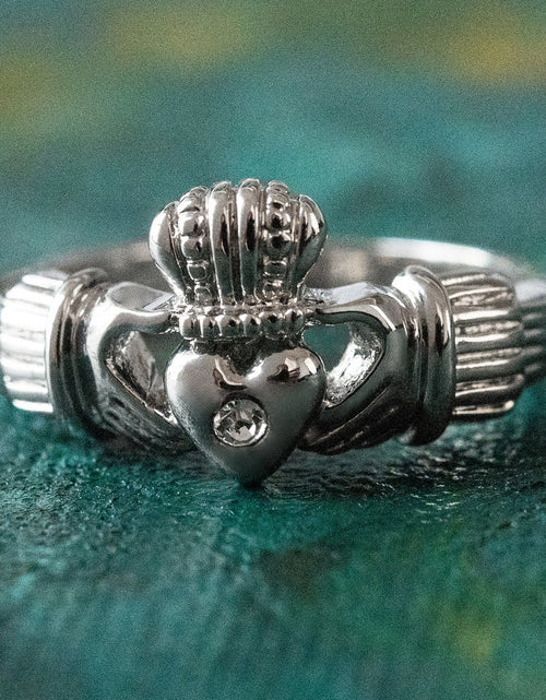 Load image into Gallery viewer, Antique Dainty Claddagh Ring Clear Swarovski Crystal 18k Irish Gold Womans Jewelry Claddagh Rings R3443 by PVD Vintage Jewelry
