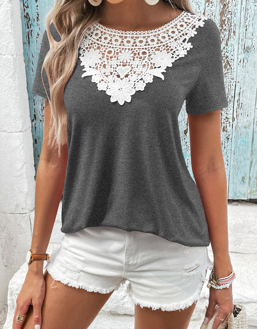 Load image into Gallery viewer, Ivy Lane Spliced Lace Contrast Short Sleeve Top
