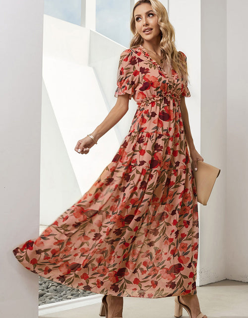 Load image into Gallery viewer, Floral V-Neck Short Flounce Sleeve Dress
