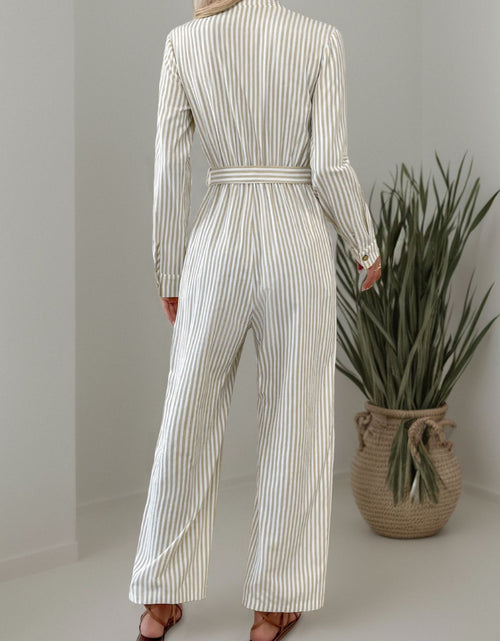 Load image into Gallery viewer, Striped Notched Long Sleeve Tie Waist Jumpsuit
