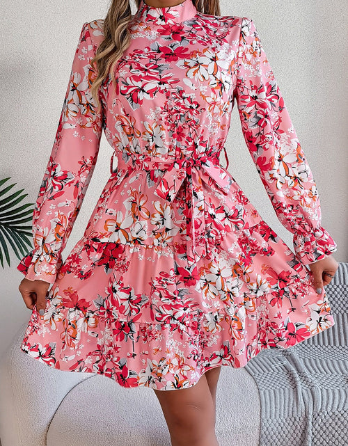 Load image into Gallery viewer, Printed Mock Neck Flounce Sleeve Mini Dress
