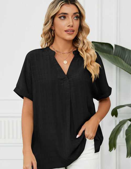 Load image into Gallery viewer, Side Slit Notched Neck Cuffed Short Sleeve Blouse
