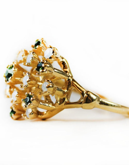 Load image into Gallery viewer, Vintage Ring Ruby Austrian Crystals and Pinfire Opals 18k White Gold Electroplate Made in the USA by PVD Vintage Jewelry
