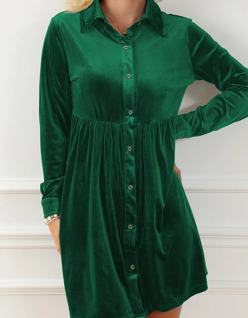 Load image into Gallery viewer, Ruched Button Up Collared Neck Long Sleeve Shirt Dress
